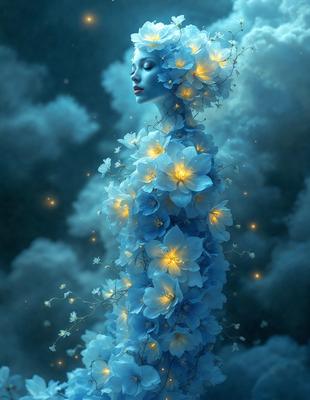 The primary subject of the image is a woman, who is the main focus of the scene. She is wearing a blue dress and surrounded by a beautiful floral arrangement. The setting is a cloudy sky, which serves as the backdrop for the image. The visual style is a combination of photo and digital art, creating a unique and artistic representation of the woman and her surroundings. The colors in the image are predominantly blue, which adds to the overall mood and atmosphere of the scene.